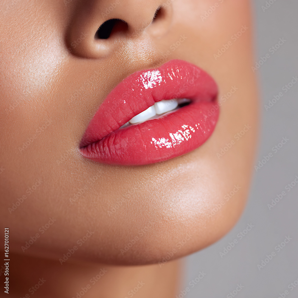 Naklejka premium soft coral gloss applied on model's lips