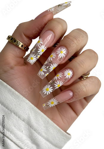 Floral Design on Elegant Acrylic Nails on Transparent Background in Professional Studio Setting