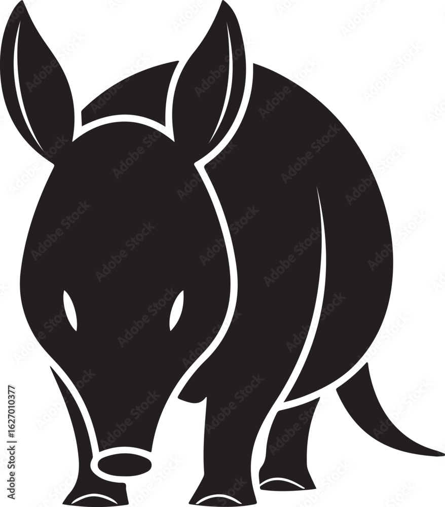 Obraz premium Stylized silhouette of a black armadillo with large ears and a long snout facing forward against a white background