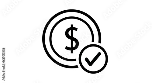 Vector art of a black and white icon of a coin with a dollar sign and a checkmark, symbolizing financial approval or success