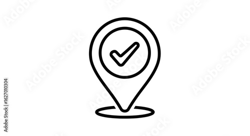 Vector art of a black outline of a location pin icon with a checkmark inside, isolated on a white background
