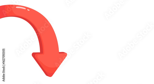 Vector art of a bold red arrow curves downwards, isolated on a clean white background, symbolizing direction and movement