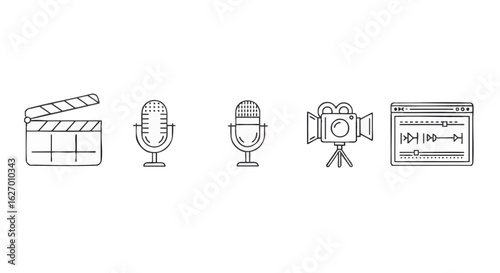 Set of linear icons for video and audio production, including clapperboard, microphone, camera, and editing interface.