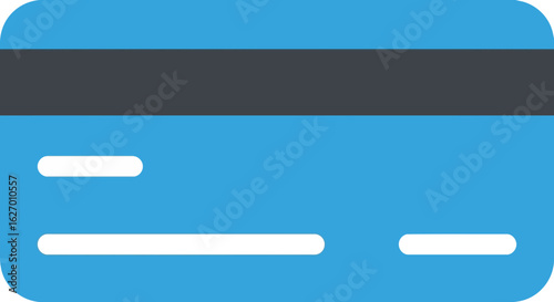 Vector art of a blue credit card with a dark gray magnetic stripe and white details, representing financial transactions and payments