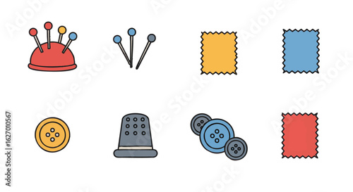 Sewing and tailoring tools icon set. Vector illustration of pincushion, thimble, buttons, and fabric swatches.