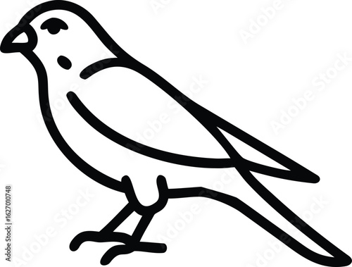 Minimalist black outline shows a little bird standing with simple features
