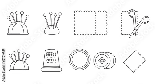 Sewing tools and tailoring equipment outline icon set. Vector illustration of haberdashery supplies like pincushion and thimble