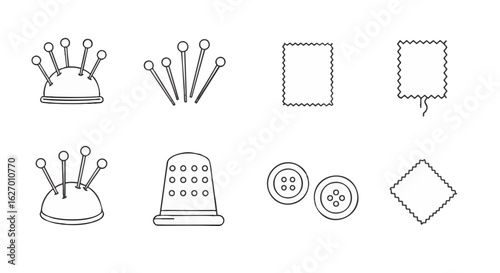 Minimalist outline icon set for sewing and haberdashery. Vector collection of tailor's tools including pincushion, thimble, and buttons.