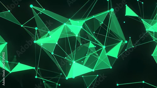 Dynamic Zoom-In Showcasing a Glowing Network of Green Geometric Technology in an Abstract Visual Environment