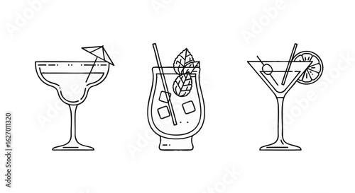 A collection of classic cocktail line art icons. Vector illustrations of popular bar drinks like margarita and martini for a summer party menu.