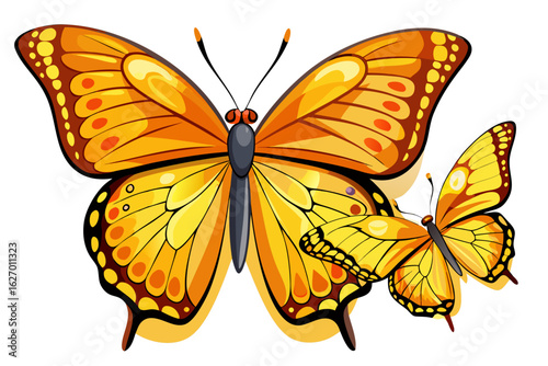 vector of Two beautiful yellow butterflies. Orange on a white background. A butterfly with open wings and flying.