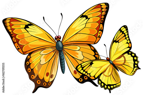 vector of Two beautiful yellow butterflies. Orange on a white background. A butterfly with open wings and flying.