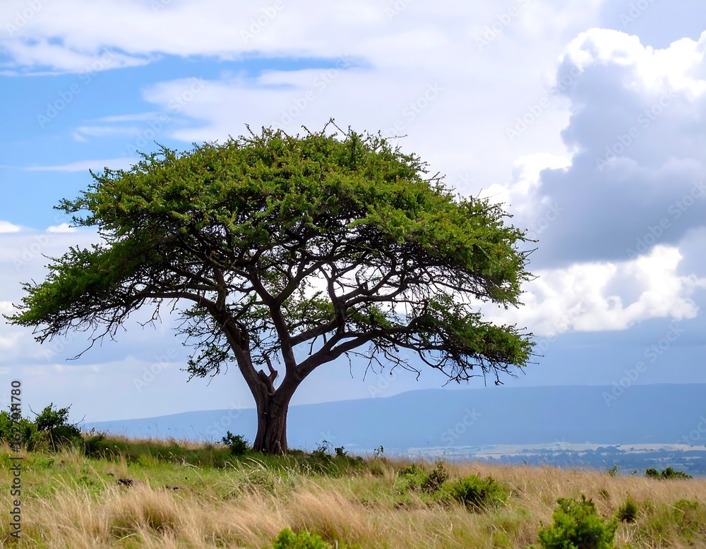Single tree on a grassy hilltop under a partly cloudy sky Single tree on a grassy hilltop under a partly cloudy sky