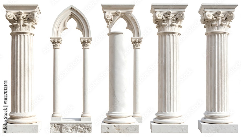 Naklejka premium Five white stone columns and arches, isolated