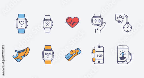 Wearable technology and healthy lifestyle linear color icons. Smartwatch, fitness tracker, and mobile app symbols set.