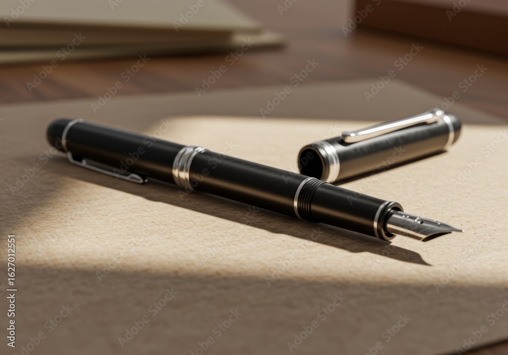 Elegant fountain pen disassembled on textured paper Elegant fountain pen disassembled on textured paper