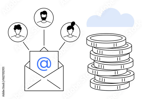 Envelope with at sign links to user profiles, representing email marketing. Stack of coins symbolizes profit. Ideal for business growth, marketing, communication, networking, finance, digital