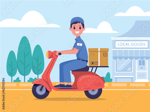Clean and modern vector  delivery courier service on scooter delivering package fast illustration