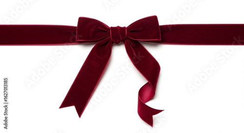 Crimson Velvet Ribbon Bow on White Background