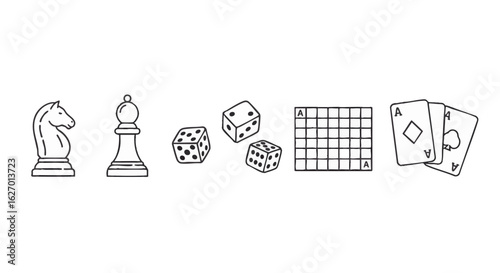Vector icon set of classic tabletop games. Linear illustrations of chess, dice, game board, and playing cards for entertainment concepts.