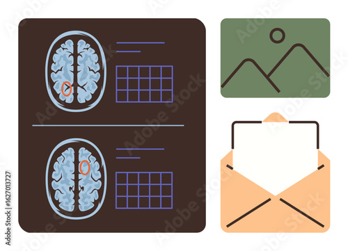 Brain scan images with highlighted regions and grids, envelope with letter, framed image. Ideal for neuroscience, diagnostics, communication, data sharing, research visual messaging. Simple flat
