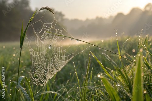Macro close up delicate spider web covered with morning dew drops on wild meadow grass sparkling in sunlight