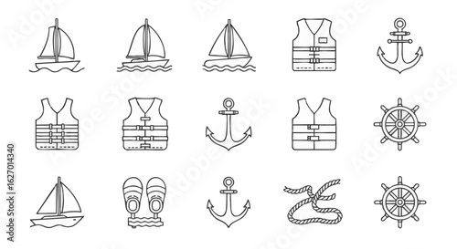 Sailing and marine line icon set. A collection of vector symbols including a sailboat, anchor, life vest, and ship's wheel.
