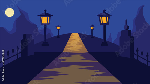 graveyard path with flickering lanterns vector background