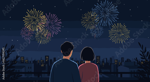 Young asian couple watching fireworks over city skyline at night. Vector illustration