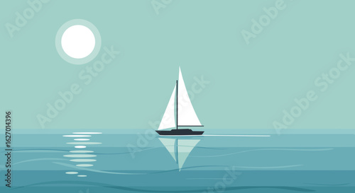 Tranquil sailboat on calm sea under bright sun in minimalist style. Vector illustration