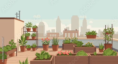 Rooftop urban garden with planters and city skyline in the background. Vector illustration