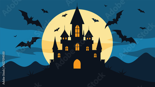 haunted castle with bats flying above vector background