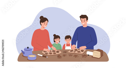 Caucasian family baking cookies together in kitchen - young adults and children smiling. Vector illustration
