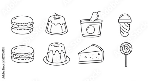 A collection of sweet dessert icons in a minimalist line art style. Confectionery and pastry food pack num1.