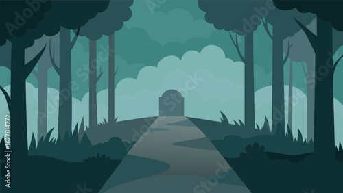 mist creeping over forest grave path vector background