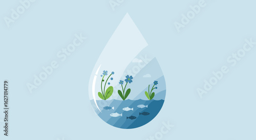Waterdrop ecosystem with fish, flowers, and clouds in a tranquil design. Vector illustration