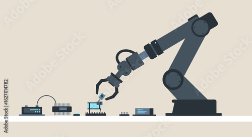 Robotic arm assembling circuit board with precision in technological lab. Vector illustration