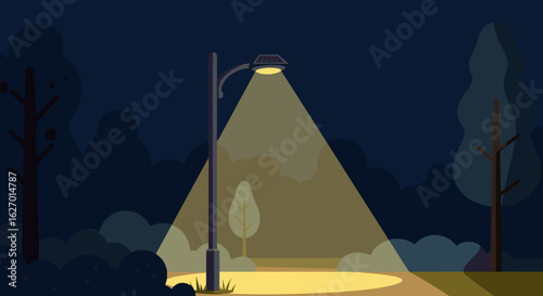 Nighttime streetlight glow in a quiet forest setting with minimalist style. Vector illustration