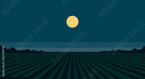 Minimalist landscape with full moon over vast field at night. Vector illustration