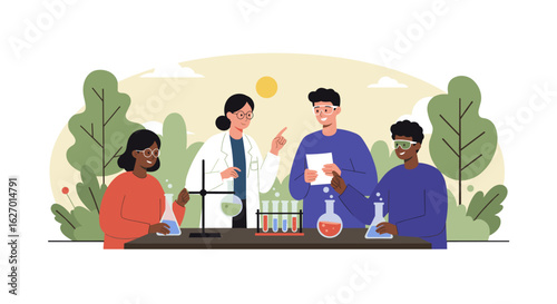 Diverse group of scientists engaged in outdoor experimentation with test tubes. Vector illustration