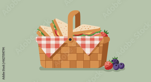 Picnic basket with sandwiches and berries on green background. Vector illustration