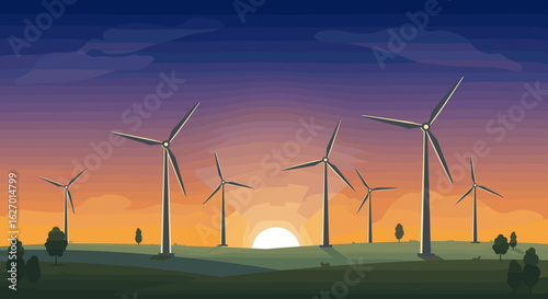 Wind turbines silhouette at sunset over a hillside landscape in tranquil evening sky. Vector illustration