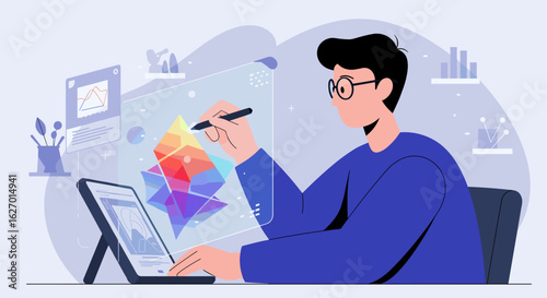 Young caucasian male designing digital art on tablet with stylus in modern workspace. Vector illustration