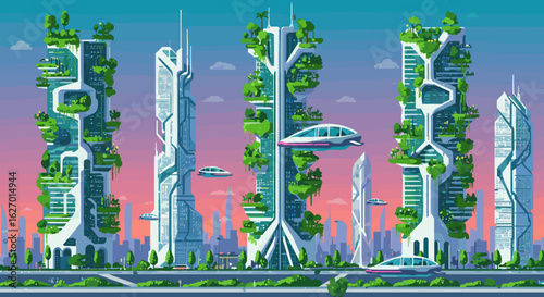 Futuristic cityscape with sky gardens and flying cars at sunrise. Vector illustration