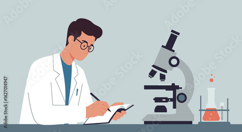 Young asian male scientist working with microscope and lab equipment in research laboratory. Vector illustration