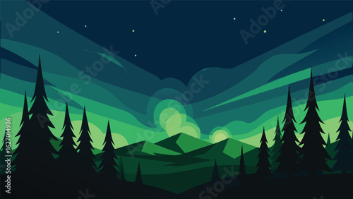 northern lights glow above pine forest vector background