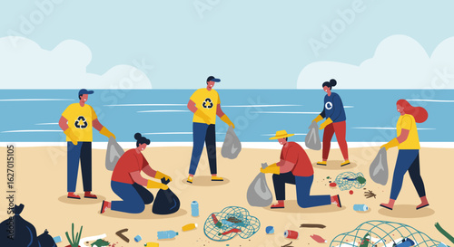 Diverse young group cleaning beach: eco volunteers removing trash from coastline. Vector illustration