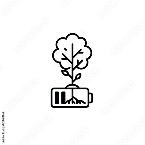 Energy conservation icon depicting tree growing from battery  