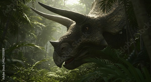 A triceratops stands among lush green foliage in a dense jungle environment with sunlight streaming through