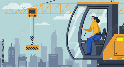 Female crane operator in urban construction site managing tower crane. Vector illustration